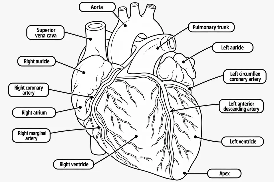 Printable line illustration of the heart with the aorta, superior vena cava, pulmonary trunk, right and left auricles, right atrium, right and left ventricles, right coronary, right marginal, left circumflex and left anterior descending arteries, and apex labeled