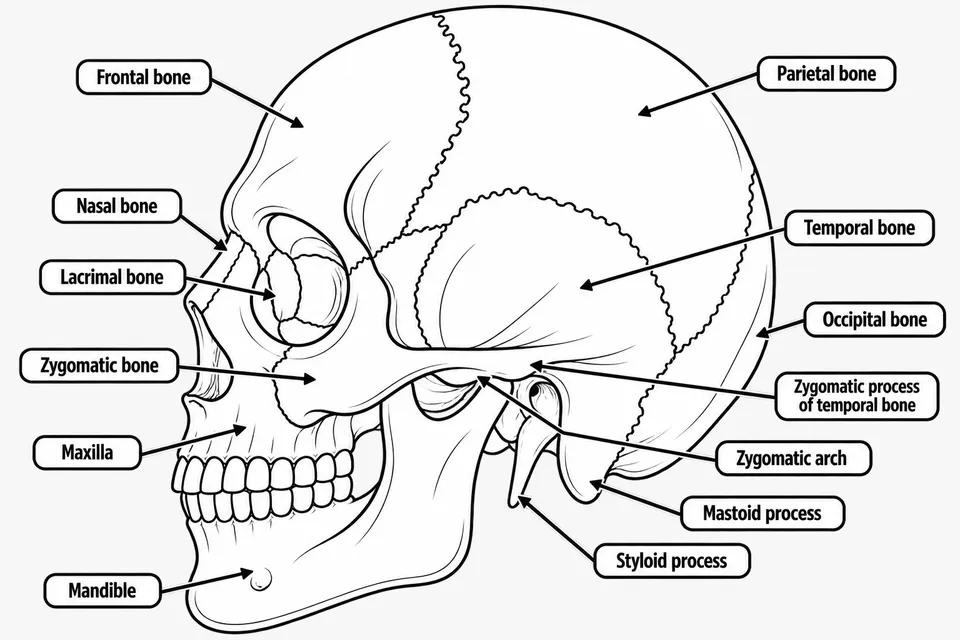 Printable line illustration of the skull in lateral view, with frontal, parietal, temporal, occipital, nasal, lacrimal and zygomatic bones, zygomatic arch, maxilla, mandible, mastoid process and styloid process labeled