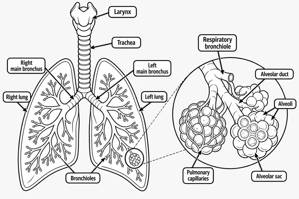 Printable line illustration of the respiratory system with larynx, trachea, right and left main bronchi, right and left lungs, bronchioles, respiratory bronchiole, alveolar duct, alveolar sac, alveoli and pulmonary capillaries labeled