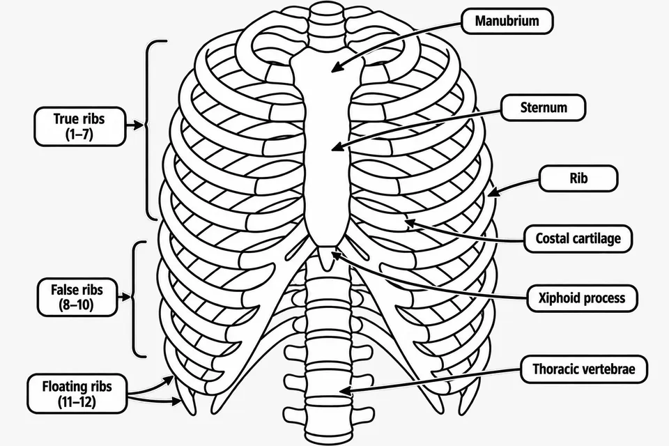 Printable line illustration of the rib cage with manubrium, sternum, xiphoid process, ribs, costal cartilage, thoracic vertebrae, and the true, false and floating ribs labeled